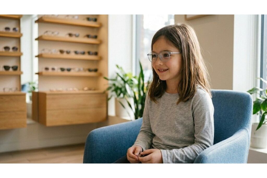 A young girl with long brown hair, wearing light gray-framed prescription glasses, sits smiling in a blue armchair in an optometry clinic, with wooden shelves displaying various eyeglass frames in the blurred background.