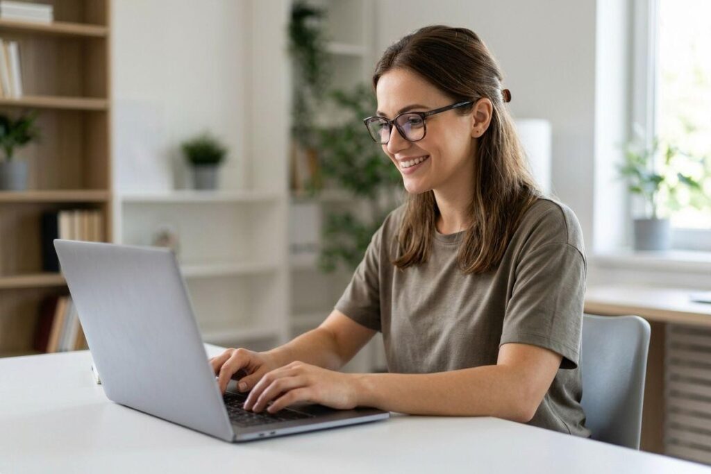 Smiling adult with glasses typing on a laptop at a white desk in a bright home office with bookshelves and plants.