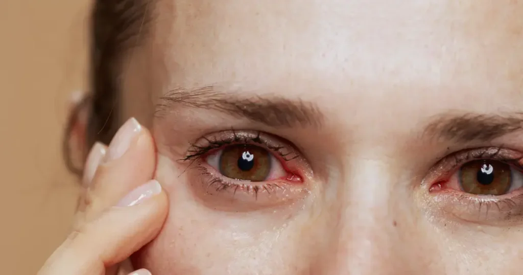 Close-up of a person with red, watery, irritated eyes showing symptoms of dry eye or eye allergies.