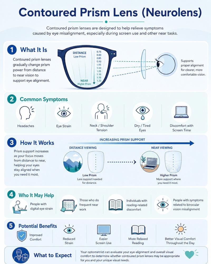 Infographic titled “Contoured Prism Lens (Neurolens)” explaining how vertically contoured prism lenses support eye alignment, with sections on common symptoms, how the lenses work, who they may help, potential benefits, and what to expect.