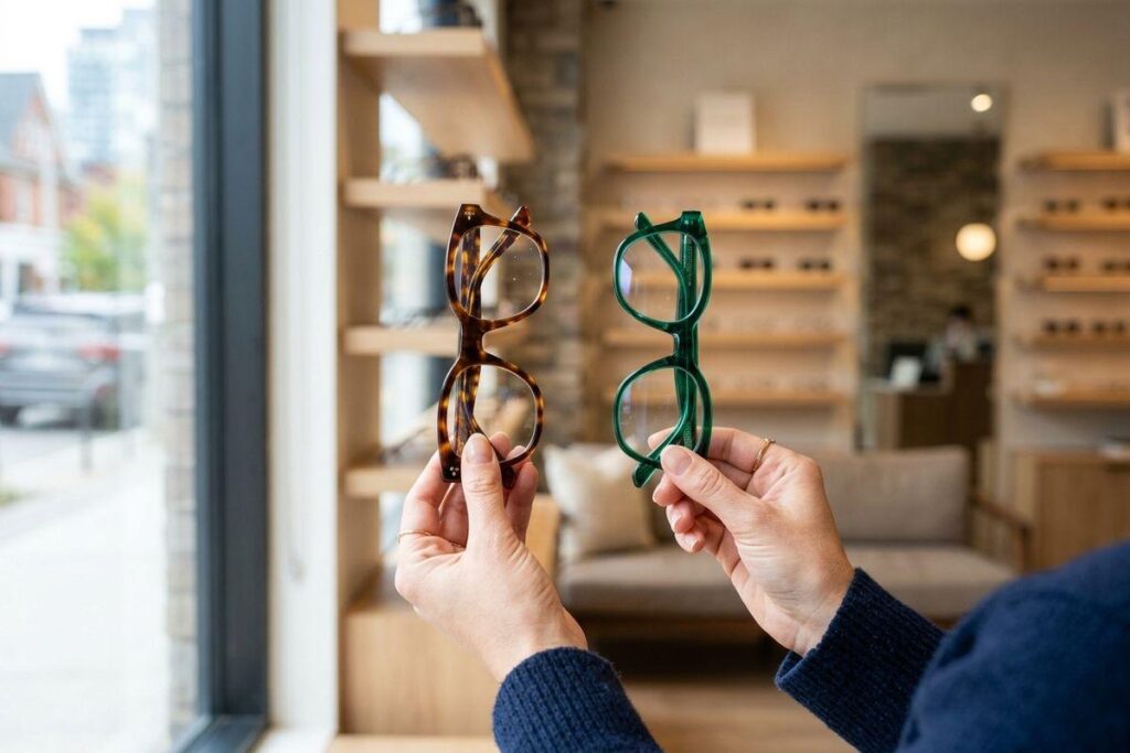 Hands holding two pairs of eyeglasses, tortoiseshell and green, in an optical shop with display shelves.