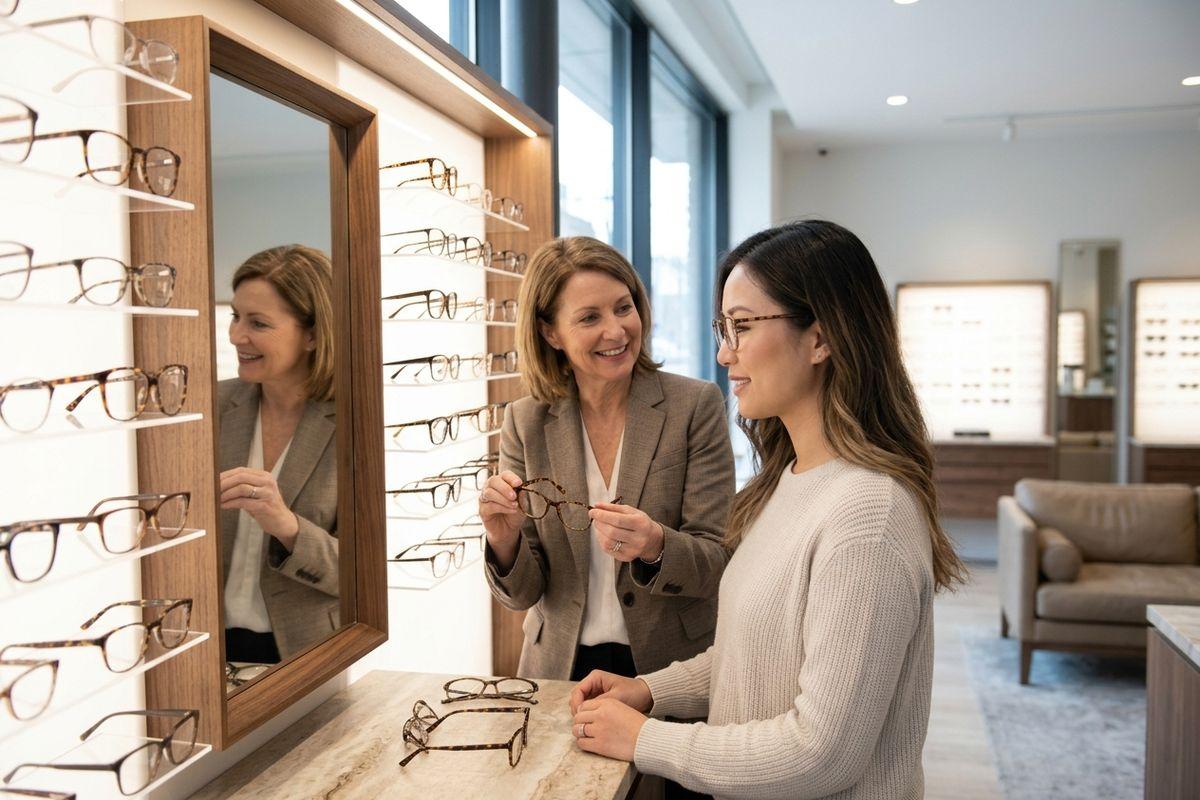 Optician holds up glasses for a smiling customer beside a mirror and eyeglass display wall in an optical store.