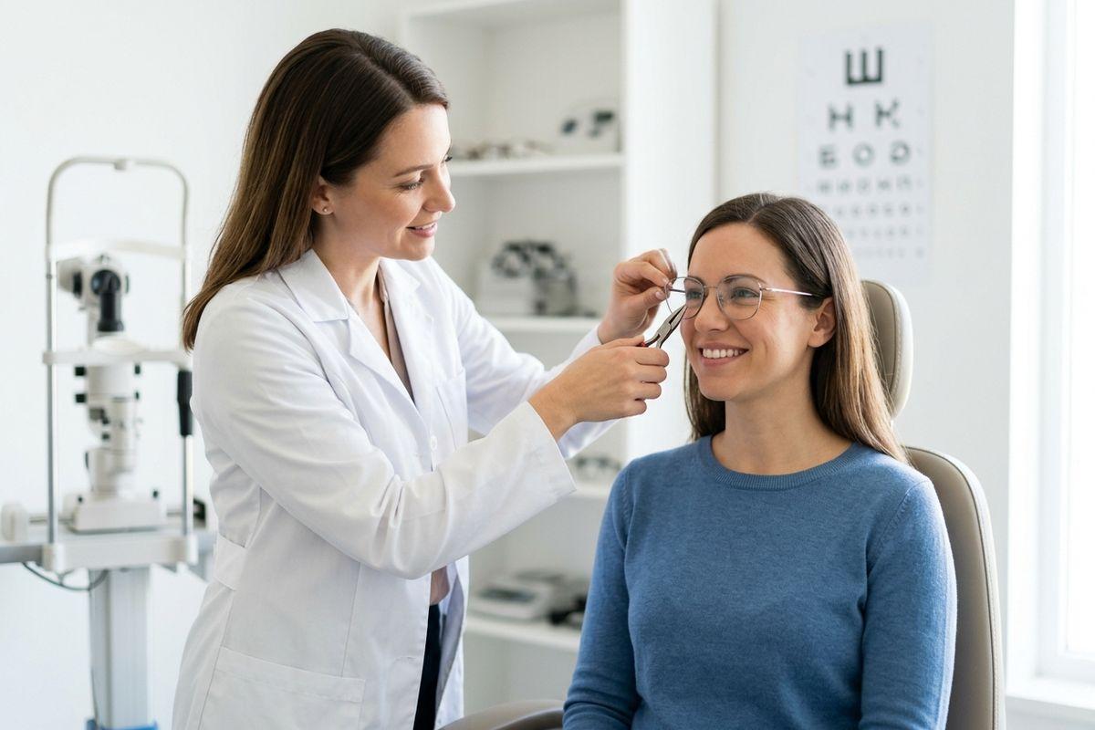 Optometrist fitting glasses on a smiling seated patient in an exam room with an eye chart on the wall.