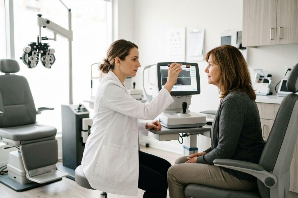 Optometrist in white coat examining a seated patient's eyes in a modern eye clinic with phoropter and diagnostic equipment.