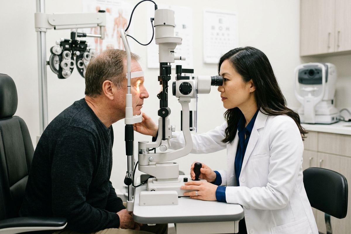 Optometrist examines a patient's eyes using a slit lamp in an exam room, with an eye chart on the wall.
