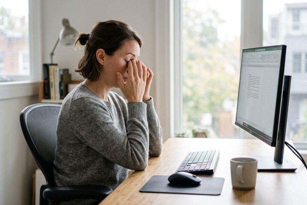 Person at a desk rubbing their eyes, looking tired, in front of a monitor showing a spreadsheet, with keyboard, mouse, and mug.