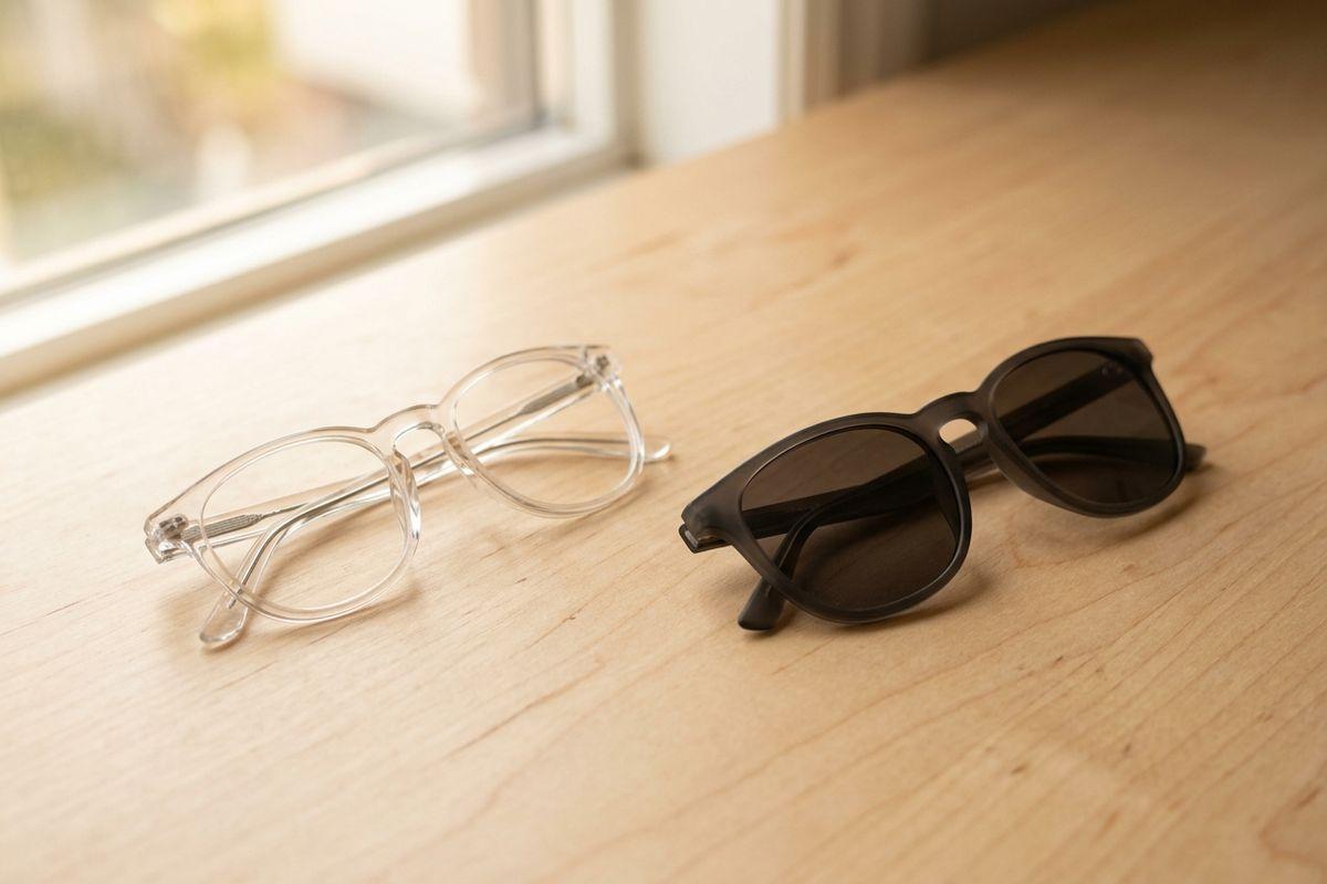 Two pairs of glasses on a wooden surface: clear-frame eyeglasses on the left and black-frame sunglasses on the right, near a window.